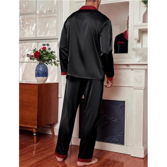 Men Satin Silk Pajamas Set with Pockets Long Sleeve-black - Picture 3 of 6